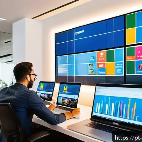Home 17 최적 성장 구간을 위한 채널 전략 - A vibrant digital marketing workspace in a modern Brazilian office setting, showing a diverse team o...