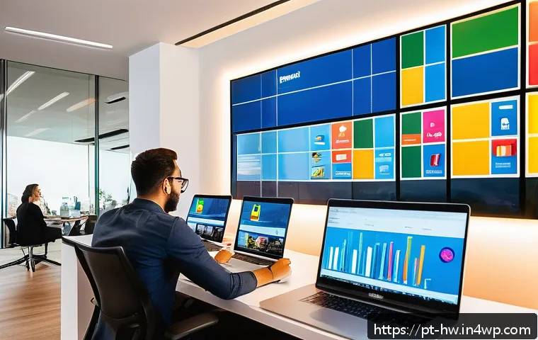 최적 성장 구간을 위한 채널 전략 - A vibrant digital marketing workspace in a modern Brazilian office setting, showing a diverse team o...