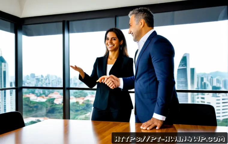 Home 17 최적 성장 구간을 위한 전략적 파트너십 구축 - Photorealistic business partnership meeting in a bright São Paulo office, two diverse Brazilian exec...